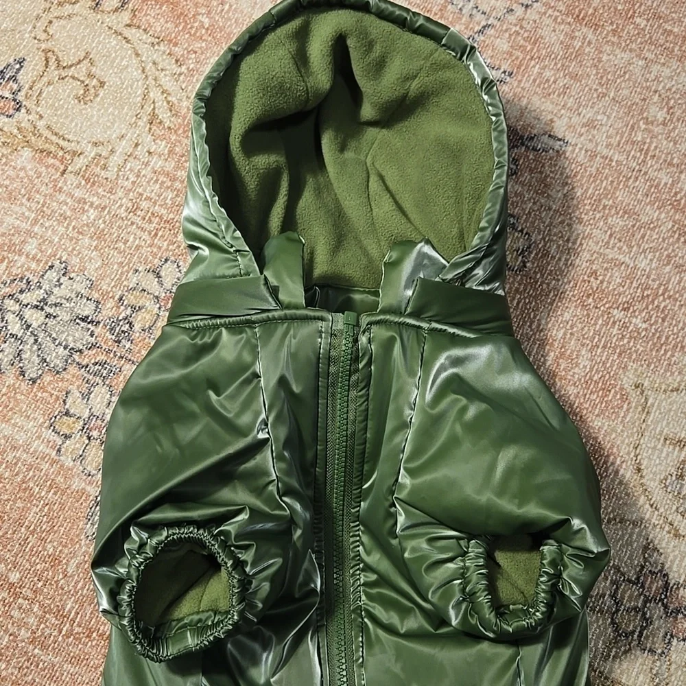 Rachel Zoe Shiny Green Fleece Lined Removeable Hood Back Pocket Dog Coat Sz L